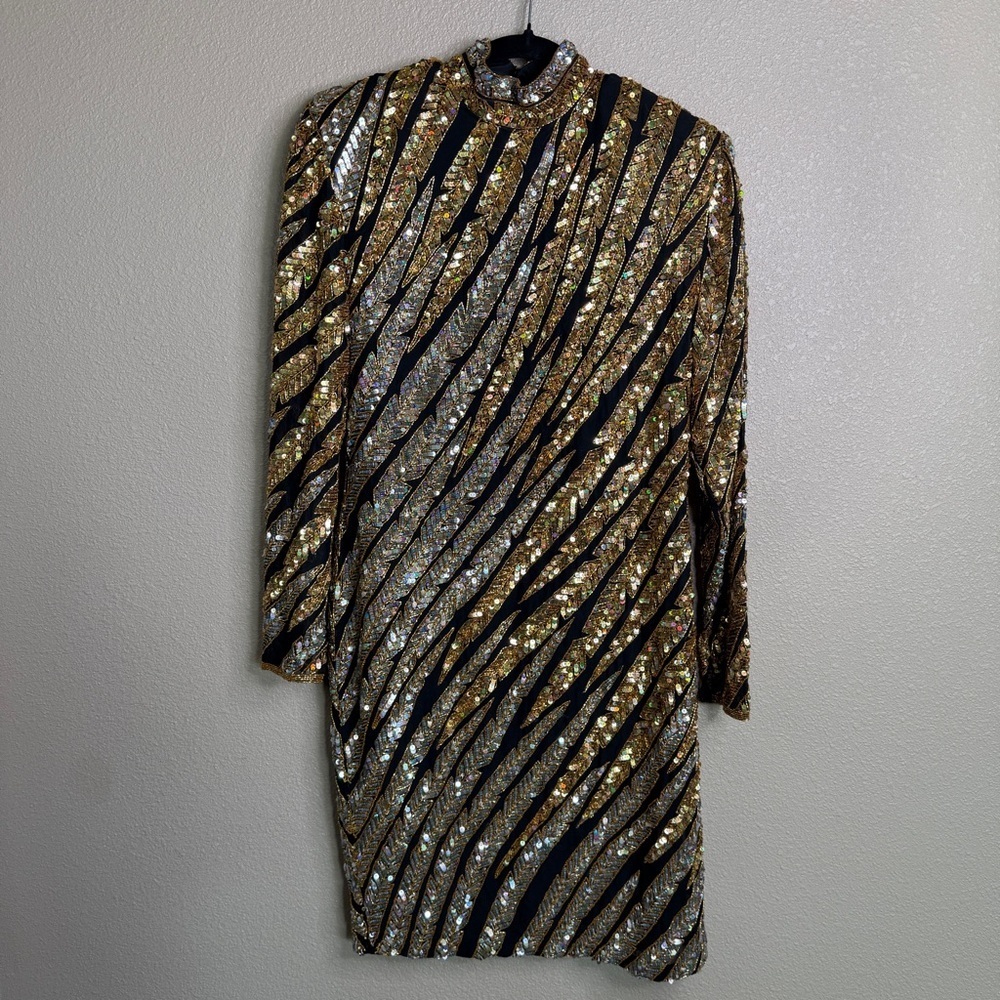 Vintage Naeem Khan RIAZEE Silk Sequin Beaded Dress – Size 10 – Black & Gold